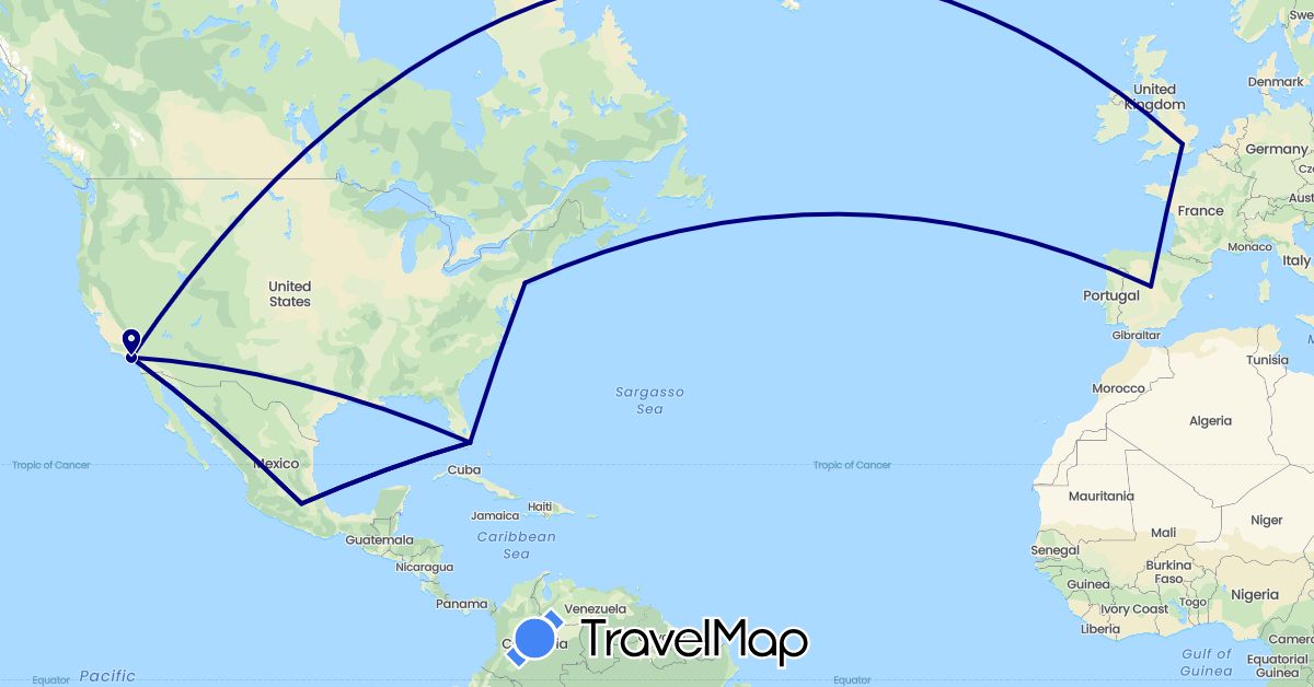 TravelMap itinerary: driving in Spain, United Kingdom, Mexico, United States (Europe, North America)
